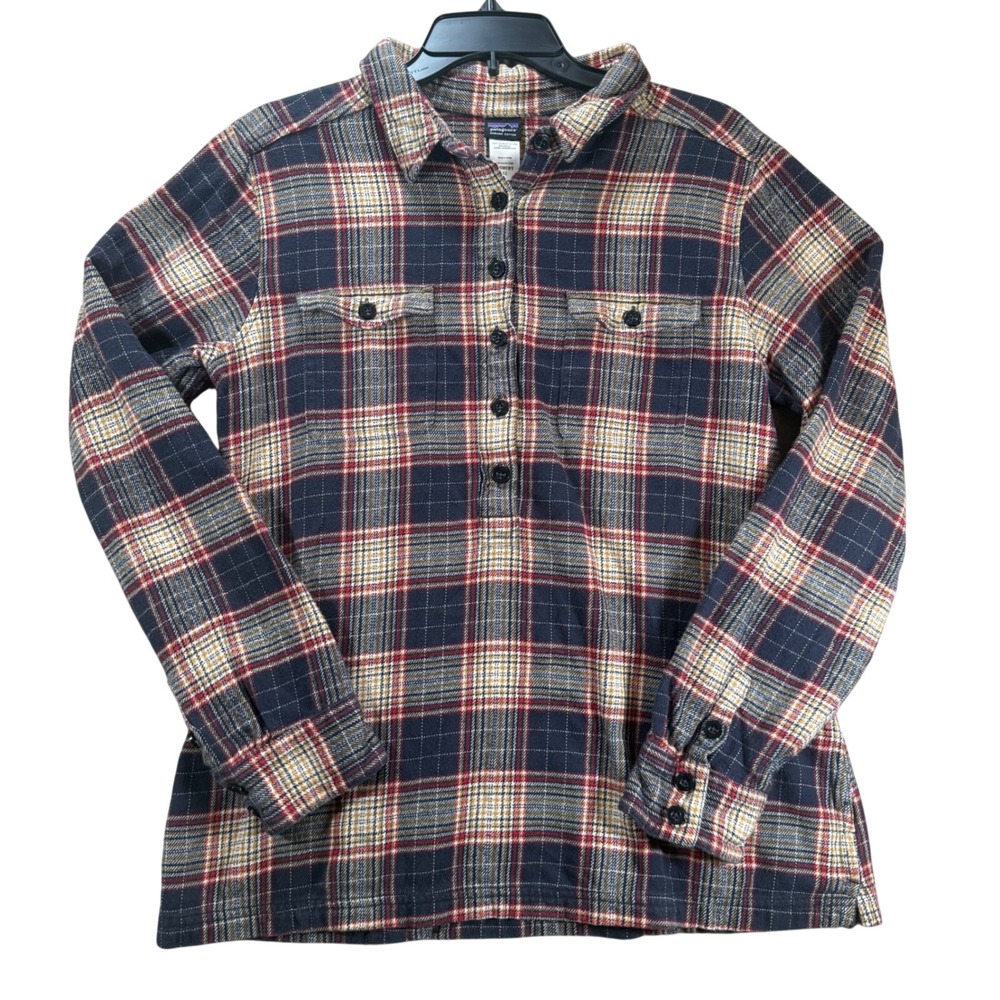 Patagonia ROUSTABOUT Womens 12 Plaid FLANNEL‎ Navy Red Organic Cotton 54875F0